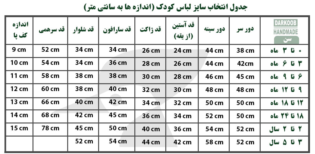 darkoob children size guide chart